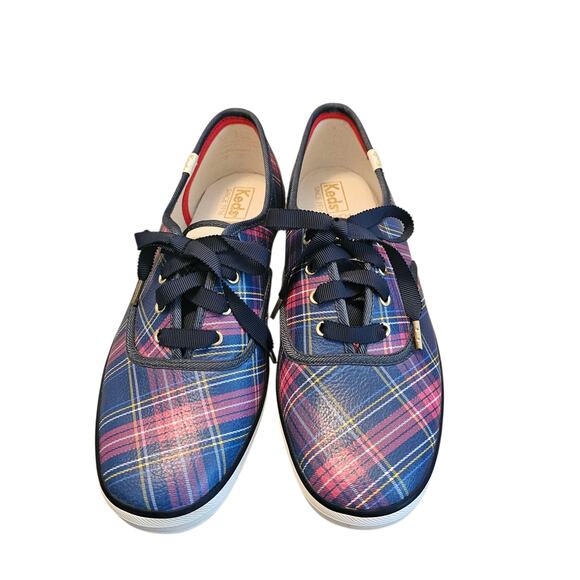 Talbots Exclusive Keds Champion Plaid Sneakers Navy Pink Leather Size 9 Leather - Picture 2 of 5